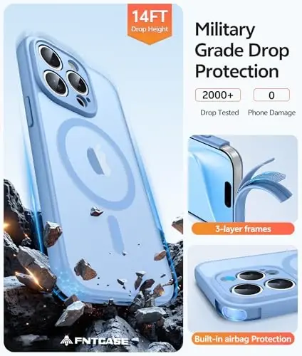 FNTCASE for iPhone 15 Pro Max Case, Fit for Magsafe, Glass Screen Protector | Full Camera Protection, Translucent Matte, 14FT Military Grade Drop Proof, Shockproof Protective Phone Cover, Light Blue - 5