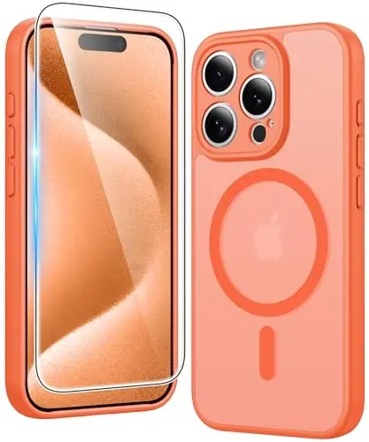 FNTCASE iPhone 15 Pro-Max Kılıfı: Mat Manyetik Telefon Kılıfları, Ekran Koruyuculu, Magsafe Uyumlu, İnce, Sararmaz, Dayanıklı, Darbeye Dayanıklı, Yarı Saydam Koruyucu Telefon Kılıfı (C-Turuncu) 