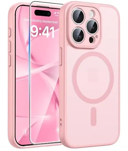 FNTCASE iPhone 15 Pro Max uchun g‘ilof: Ekran himoyachisi bilan kuchli magnitli telefon g‘ilofi | Yarim shaffof mato ingichka zarbga chidamli himoya telefon qopqog‘i (och pushti) 