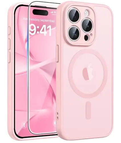 FNTCASE iPhone 15 Pro Max uchun g‘ilof: Ekran himoyachisi bilan kuchli magnitli telefon g‘ilofi | Yarim shaffof mato ingichka zarbga chidamli himoya telefon qopqog‘i (och pushti) 