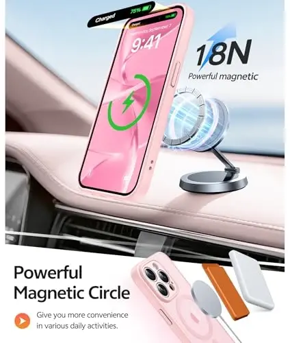 FNTCASE iPhone 15 Pro Max uchun g‘ilof: Ekran himoyachisi bilan kuchli magnitli telefon g‘ilofi | Yarim shaffof mato ingichka zarbga chidamli himoya telefon qopqog‘i (och pushti) - 3
