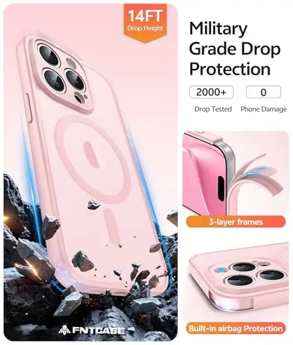 FNTCASE iPhone 15 Pro Max uchun g‘ilof: Ekran himoyachisi bilan kuchli magnitli telefon g‘ilofi | Yarim shaffof mato ingichka zarbga chidamli himoya telefon qopqog‘i (och pushti) - 5