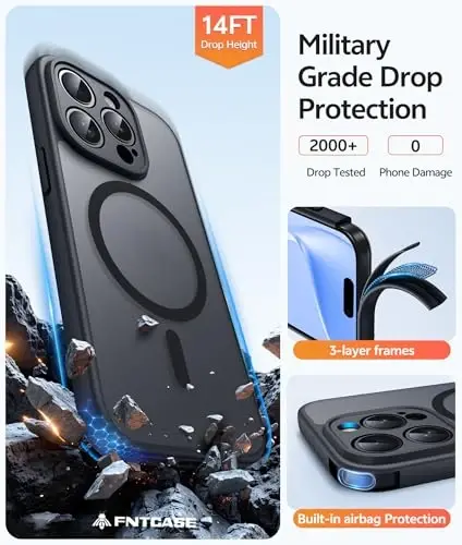 FNTCASE iPhone 15 Pro-Max uchun g'ilof: Magnit Matt Yarim Shaffof Harbiy Standartga Mos Tushishdan Himoya Telefon G'ilofi | Zarbadan Himoya Yengil Bardoshli Himoya Bumper Qopqoq - 5