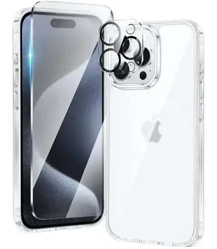 FNTCASE iPhone 15 Pro-Max uchun gʻilof: Shaffof gʻilof - sargʻayishga qarshi va zarbaga chidamli harbiy darajadagi tushishdan himoya qiluvchi shaffof telefon qopqogʻi (B-Shaffof) - 1