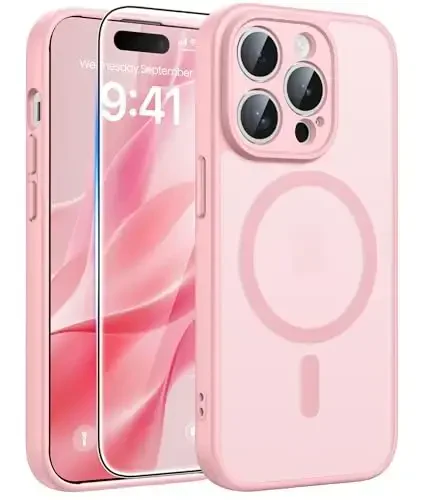 FNTCASE iPhone 15 Pro uchun g'ilof: Ekran himoyachisi bilan kuchli magnitli telefon g'ilofi | Yarim shaffof mato Slim zarbga chidamli himoya qopqog'i (och pushti) - 1