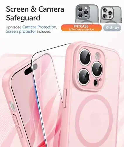 FNTCASE iPhone 15 Pro uchun g'ilof: Ekran himoyachisi bilan kuchli magnitli telefon g'ilofi | Yarim shaffof mato Slim zarbga chidamli himoya qopqog'i (och pushti) - 4