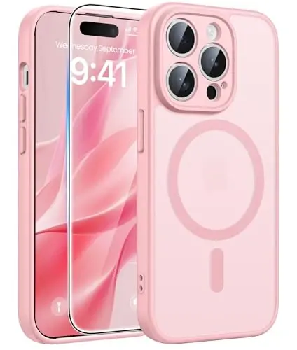 FNTCASE iPhone 15 Pro uchun g'ilof: Ekran himoyachisi bilan kuchli magnitli telefon g'ilofi | Yarim shaffof mato Slim zarbga chidamli himoya qopqog'i (och pushti) 