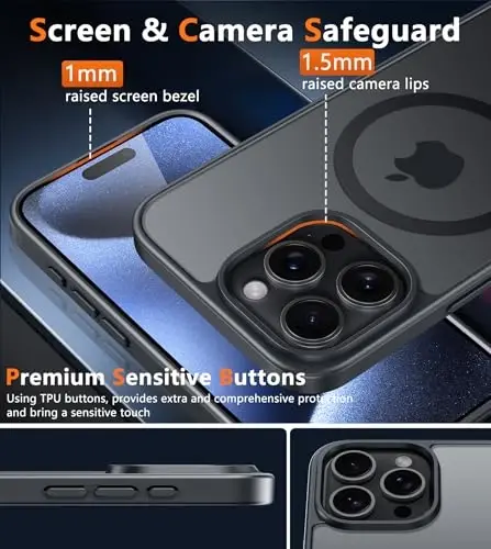 FNTCASE iPhone 15 Pro uchun g'ilof: Magnitli mat o'tkazuvchan harbiy darajadagi tushishdan himoya qiluvchi telefon g'ilofi | Zarba o'tkazmaydigan yupqa mustahkam bardoshli himoya bamperi - 5