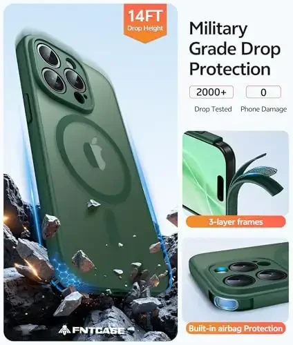 FNTCASE iPhone 15 Pro uchun g‘ilof: [Magsafe bilan mos] Yarim shaffof mat magnit telefon qopqog‘i - Harbiy darajadagi zarbadan himoya qiluvchi g‘iloflar - Yashil - 5