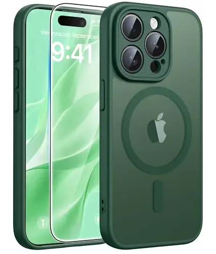 FNTCASE iPhone 15 Pro uchun g‘ilof: [Magsafe bilan mos] Yarim shaffof mat magnit telefon qopqog‘i - Harbiy darajadagi zarbadan himoya qiluvchi g‘iloflar - Yashil - FNTCASE