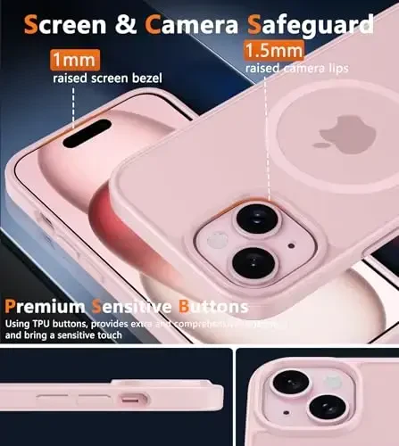FNTCASE iPhone 15 uchun g'ilof: iPhone 14 g'ilofi va iPhone 13 g'ilofi [Magsafe bilan mos] Yarim shaffof mat magnit telefon qopqog'i - Harbiy darajadagi zarbadan himoya qiluvchi g'iloflar - Pushti - 5
