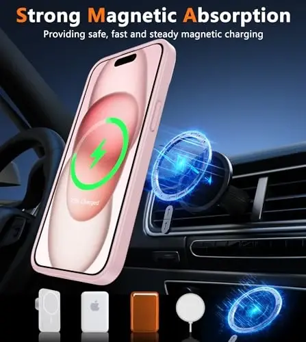 FNTCASE iPhone 15 uchun g'ilof: iPhone 14 g'ilofi va iPhone 13 g'ilofi [Magsafe bilan mos] Yarim shaffof mat magnit telefon qopqog'i - Harbiy darajadagi zarbadan himoya qiluvchi g'iloflar - Pushti - 4