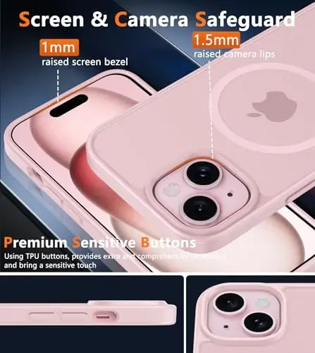 FNTCASE iPhone 15 uchun g'ilof: iPhone 14 g'ilofi va iPhone 13 g'ilofi [Magsafe bilan mos] Yarim shaffof mat magnit telefon qopqog'i - Harbiy darajadagi zarbadan himoya qiluvchi g'iloflar - Pushti - 5
