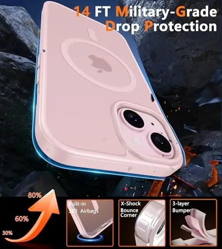 FNTCASE iPhone 15 uchun g'ilof: iPhone 14 g'ilofi va iPhone 13 g'ilofi [Magsafe bilan mos] Yarim shaffof mat magnit telefon qopqog'i - Harbiy darajadagi zarbadan himoya qiluvchi g'iloflar - Pushti - 6