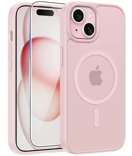 FNTCASE iPhone 15 uchun g'ilof: iPhone 14 g'ilofi va iPhone 13 g'ilofi [Magsafe bilan mos] Yarim shaffof mat magnit telefon qopqog'i - Harbiy darajadagi zarbadan himoya qiluvchi g'iloflar - Pushti - 1
