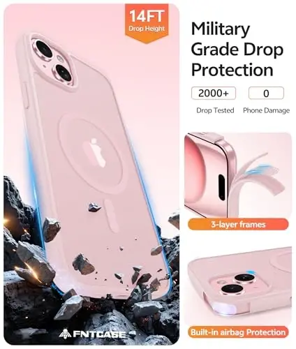 FNTCASE iPhone 15 uchun g'ilof: iPhone 14 g'ilofi va iPhone 13 g'ilofi [Magsafe bilan mos] Yarim shaffof mat magnit telefon qopqog'i - Harbiy darajadagi zarbadan himoya qiluvchi g'iloflar - Pushti - 5