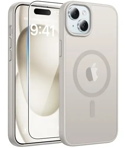 FNTCASE iPhone 15 uchun g'ilof: iPhone 14 & iPhone 13 uchun g'ilof [ekran himoyachisi bilan] Magnitli yarim shaffof mat | Harbiy darajadagi tushishdan himoya | Zarba o'tkazmaydigan telefon qopqog'i himoya g'iloflari - Oq 