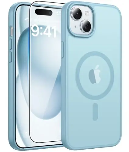 FNTCASE iPhone 15 uchun g'ilof: iPhone 14 & iPhone 13 uchun g'ilof [Ekran himoyachisi bilan] Magnitli yarim shaffof mat | Harbiy darajadagi tushishdan himoya | Zarba o'tkazmaydigan telefon qopqog'i himoya g'iloflari - Teal 