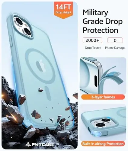 FNTCASE iPhone 15 uchun g'ilof: iPhone 14 & iPhone 13 uchun g'ilof [Ekran himoyachisi bilan] Magnitli yarim shaffof mat | Harbiy darajadagi tushishdan himoya | Zarba o'tkazmaydigan telefon qopqog'i himoya g'iloflari - Teal - 5