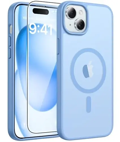 FNTCASE iPhone 15 uchun g'ilof: iPhone 14 & iPhone 13 uchun g'ilof [ekran himoyachisi bilan] Magnitli yarim shaffof mat | Harbiy darajadagi tushishdan himoya | Zarbadan himoya qiluvchi telefon qopqog'i himoya g'iloflari - Ochiq moviy - 1
