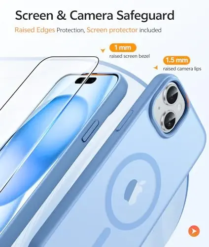 FNTCASE iPhone 15 uchun g'ilof: iPhone 14 & iPhone 13 uchun g'ilof [ekran himoyachisi bilan] Magnitli yarim shaffof mat | Harbiy darajadagi tushishdan himoya | Zarbadan himoya qiluvchi telefon qopqog'i himoya g'iloflari - Ochiq moviy - 4