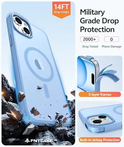 FNTCASE iPhone 15 uchun g'ilof: iPhone 14 & iPhone 13 uchun g'ilof [ekran himoyachisi bilan] Magnitli yarim shaffof mat | Harbiy darajadagi tushishdan himoya | Zarbadan himoya qiluvchi telefon qopqog'i himoya g'iloflari - Ochiq moviy - 5