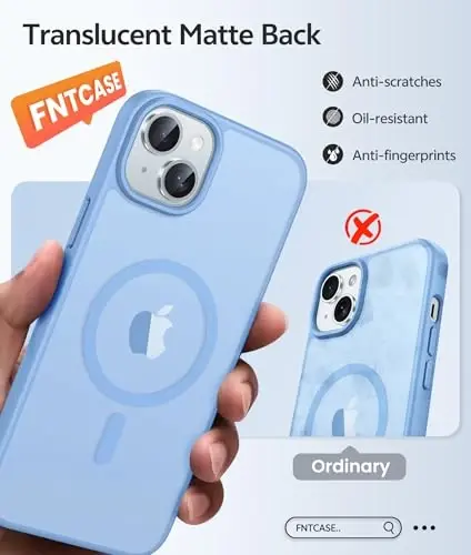 FNTCASE iPhone 15 uchun g'ilof: iPhone 14 & iPhone 13 uchun g'ilof [ekran himoyachisi bilan] Magnitli yarim shaffof mat | Harbiy darajadagi tushishdan himoya | Zarbadan himoya qiluvchi telefon qopqog'i himoya g'iloflari - Ochiq moviy - 6