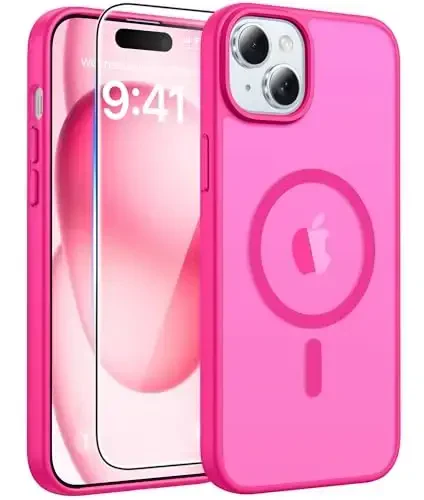 FNTCASE iPhone 15 uchun g‘ilof: iPhone 14 & iPhone 13 uchun g‘ilof | Magnitli muzlatilgan yarim shaffof ingichka zarbga chidamli mobil telefon qopqog‘i | Harbiy darajadagi himoya zarbga chidamli mustahkam himoya g‘iloflari - Atirgul qizil 