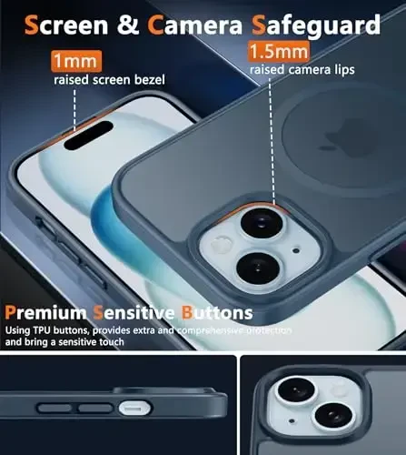 FNTCASE iPhone 15 uchun g'ilof: iPhone 14 & iPhone 13 uchun g'ilof | Magnitli muzlatilgan yarim shaffof ingichka zarbga chidamli mobil telefon qopqog'i | Harbiy darajadagi himoya zarbga chidamli qattiq himoya g'iloflari - Moviy - 5