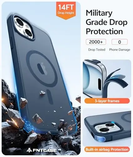 FNTCASE iPhone 15 uchun g'ilof: iPhone 14 & iPhone 13 uchun g'ilof | Magnitli muzlatilgan yarim shaffof ingichka zarbga chidamli mobil telefon qopqog'i | Harbiy darajadagi himoya zarbga chidamli qattiq himoya g'iloflari - Moviy - 5