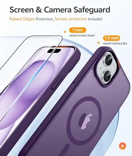 FNTCASE iPhone 15 uchun g'ilof: iPhone 14 va iPhone 13 uchun g'ilof [ekran himoyachisi bilan] Magnitli yarim shaffof mat | Harbiy darajadagi tushishdan himoya | Zarbadan himoya qiluvchi telefon qopqog'i - Binafsha - 4