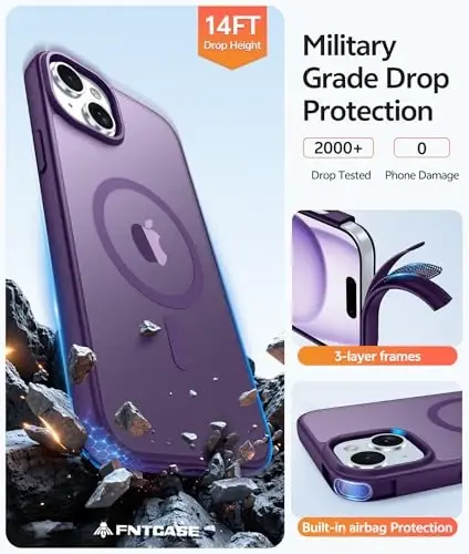 FNTCASE iPhone 15 uchun g'ilof: iPhone 14 va iPhone 13 uchun g'ilof [ekran himoyachisi bilan] Magnitli yarim shaffof mat | Harbiy darajadagi tushishdan himoya | Zarbadan himoya qiluvchi telefon qopqog'i - Binafsha - 5