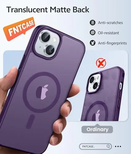 FNTCASE iPhone 15 uchun g'ilof: iPhone 14 va iPhone 13 uchun g'ilof [ekran himoyachisi bilan] Magnitli yarim shaffof mat | Harbiy darajadagi tushishdan himoya | Zarbadan himoya qiluvchi telefon qopqog'i - Binafsha - 6