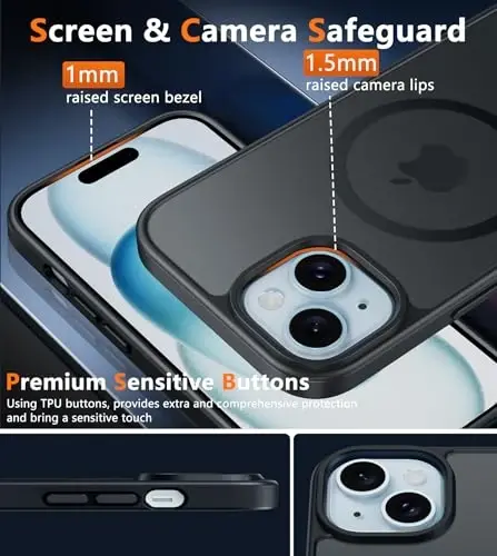 FNTCASE iPhone 15 uchun g'ilof: iPhone 14 va iPhone 13 uchun g'ilof | Magnitli muzlatilgan yarim shaffof ingichka zarbga chidamli telefon qopqog'i | Harbiy standart himoya zarbga chidamli mustahkam himoya g'iloflari - Qora - 5