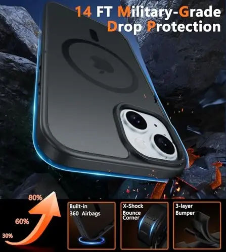FNTCASE iPhone 15 uchun g'ilof: iPhone 14 va iPhone 13 uchun g'ilof | Magnitli muzlatilgan yarim shaffof ingichka zarbga chidamli telefon qopqog'i | Harbiy standart himoya zarbga chidamli mustahkam himoya g'iloflari - Qora - 6