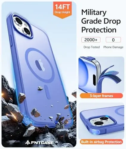 FNTCASE iPhone 15 uchun g'ilof: iPhone 14 va iPhone 13 uchun g'ilof | Magnitli muzli yarim shaffof ingichka zarbga chidamli mobil telefon qopqog'i | Harbiy standart himoyali zarbga chidamli qattiq himoya g'iloflari - Ultramarin - 5