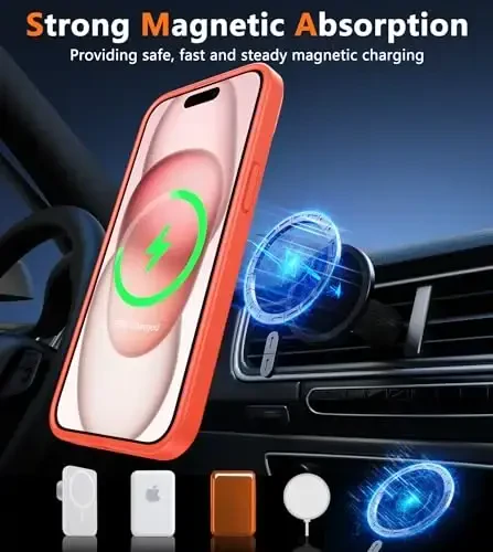 FNTCASE iPhone 15 uchun g'ilof: iPhone 14 va iPhone 13 uchun g'ilof | Magnitli muzli yarim shaffof ingichka zarbga chidamli telefon qopqog'i | Harbiy darajadagi himoya, zarbga chidamli qattiq himoya g'iloflari - Apelsin - 4