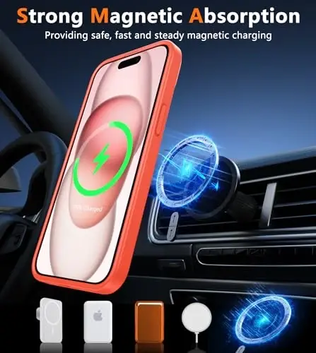 FNTCASE iPhone 15 uchun g'ilof: iPhone 14 va iPhone 13 uchun g'ilof | Magnitli muzli yarim shaffof ingichka zarbga chidamli telefon qopqog'i | Harbiy darajadagi himoya, zarbga chidamli qattiq himoya g'iloflari - Apelsin - 4