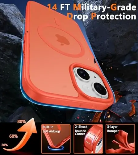 FNTCASE iPhone 15 uchun g'ilof: iPhone 14 va iPhone 13 uchun g'ilof | Magnitli muzli yarim shaffof ingichka zarbga chidamli telefon qopqog'i | Harbiy darajadagi himoya, zarbga chidamli qattiq himoya g'iloflari - Apelsin - 5