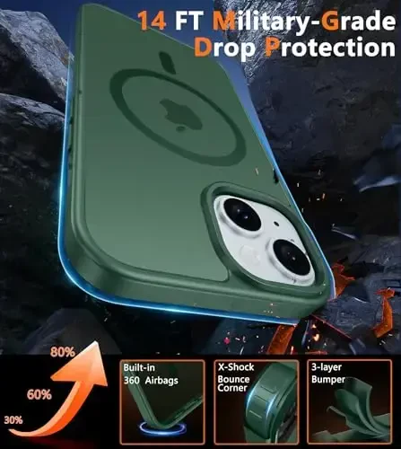 FNTCASE iPhone 15 uchun g'ilof: iPhone 14 va iPhone 13 uchun g'ilof [Magsafe bilan mos] Yarim shaffof mat magnit telefon qopqog'i - Harbiy darajadagi zarbadan himoya qiluvchi g'iloflar - Yashil - 5