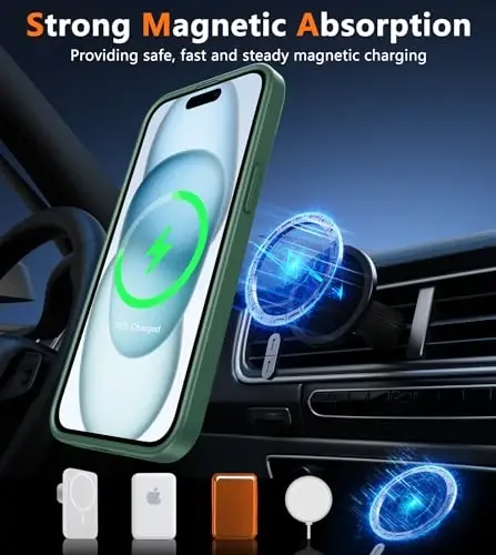 FNTCASE iPhone 15 uchun g'ilof: iPhone 14 va iPhone 13 uchun g'ilof [Magsafe bilan mos] Yarim shaffof mat magnit telefon qopqog'i - Harbiy darajadagi zarbadan himoya qiluvchi g'iloflar - Yashil - 4