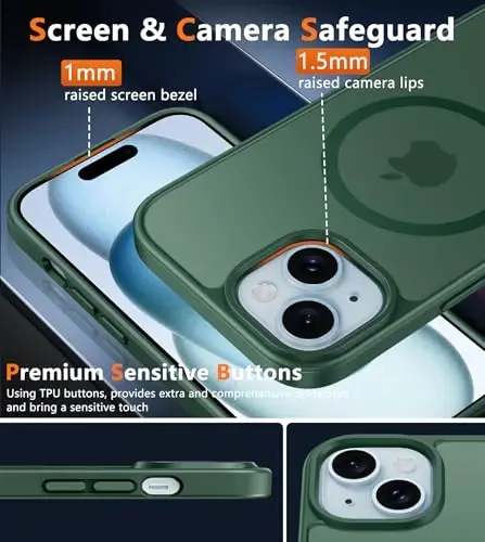 FNTCASE iPhone 15 uchun g'ilof: iPhone 14 va iPhone 13 uchun g'ilof [Magsafe bilan mos] Yarim shaffof mat magnit telefon qopqog'i - Harbiy darajadagi zarbadan himoya qiluvchi g'iloflar - Yashil - 6