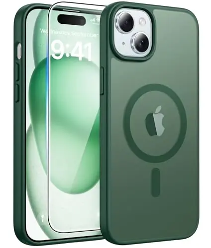 FNTCASE iPhone 15 uchun g'ilof: iPhone 14 va iPhone 13 uchun g'ilof [Magsafe bilan mos] Yarim shaffof mat magnit telefon qopqog'i - Harbiy darajadagi zarbadan himoya qiluvchi g'iloflar - Yashil 