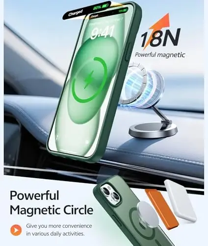 FNTCASE iPhone 15 uchun g'ilof: iPhone 14 va iPhone 13 uchun g'ilof [Magsafe bilan mos] Yarim shaffof mat magnit telefon qopqog'i - Harbiy darajadagi zarbadan himoya qiluvchi g'iloflar - Yashil - 3