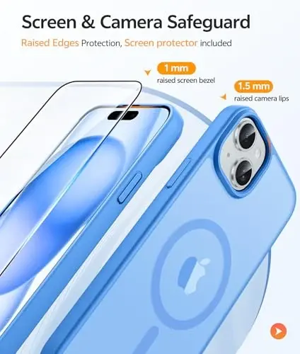 FNTCASE iPhone 15 uchun g‘ilof: iPhone 14 va iPhone 13 uchun g‘ilof [Magsafe bilan mos] Yarim shaffof mat magnitli telefon qopqog‘i - Harbiy darajadagi zarbadan himoya qiluvchi g‘iloflar - Muz ko‘k - 4