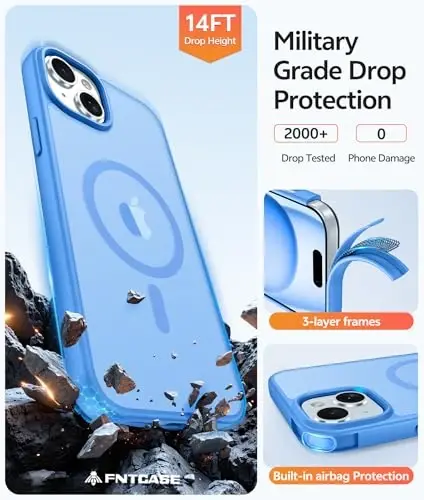 FNTCASE iPhone 15 uchun g‘ilof: iPhone 14 va iPhone 13 uchun g‘ilof [Magsafe bilan mos] Yarim shaffof mat magnitli telefon qopqog‘i - Harbiy darajadagi zarbadan himoya qiluvchi g‘iloflar - Muz ko‘k - 5