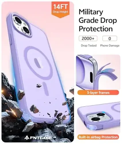 FNTCASE iPhone 15 uchun g'ilof: iPhone 14 va iPhone 13 uchun g'ilof [Magsafe bilan mos] Yarim shaffof matli g'iloflar [Ekran himoyachisi bilan] Harbiy standartga javob beruvchi zarbga chidamli himoya telefon qopqog'i - och binafsha - 5