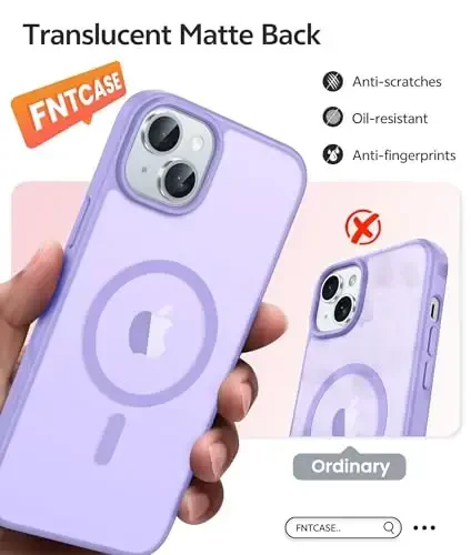 FNTCASE iPhone 15 uchun g'ilof: iPhone 14 va iPhone 13 uchun g'ilof [Magsafe bilan mos] Yarim shaffof matli g'iloflar [Ekran himoyachisi bilan] Harbiy standartga javob beruvchi zarbga chidamli himoya telefon qopqog'i - och binafsha - 6