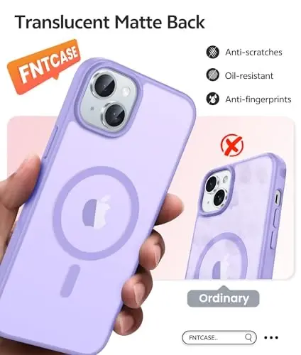 FNTCASE iPhone 15 uchun g'ilof: iPhone 14 va iPhone 13 uchun g'ilof [Magsafe bilan mos] Yarim shaffof matli g'iloflar [Ekran himoyachisi bilan] Harbiy standartga javob beruvchi zarbga chidamli himoya telefon qopqog'i - och binafsha - 6