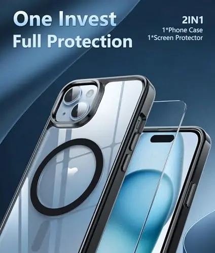 FNTCASE iPhone 15 uchun g‘ilof Shaffof: iPhone 14/13 uchun g‘ilof Ekran himoyachisi bilan magnit telefon g‘iloflari Magsafe Slim Anti Yellowing Rugged himoya shaffof mobil qopqoq bilan mos (B-Qora) - 5